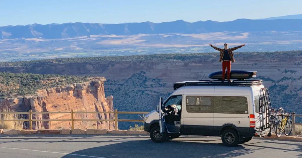 Lightweight solar canopy for van life set up beside a campervan in the desert