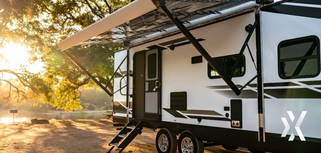 alt="RV portable solar canopy for efficient energy generation and protection, perfect for camping"